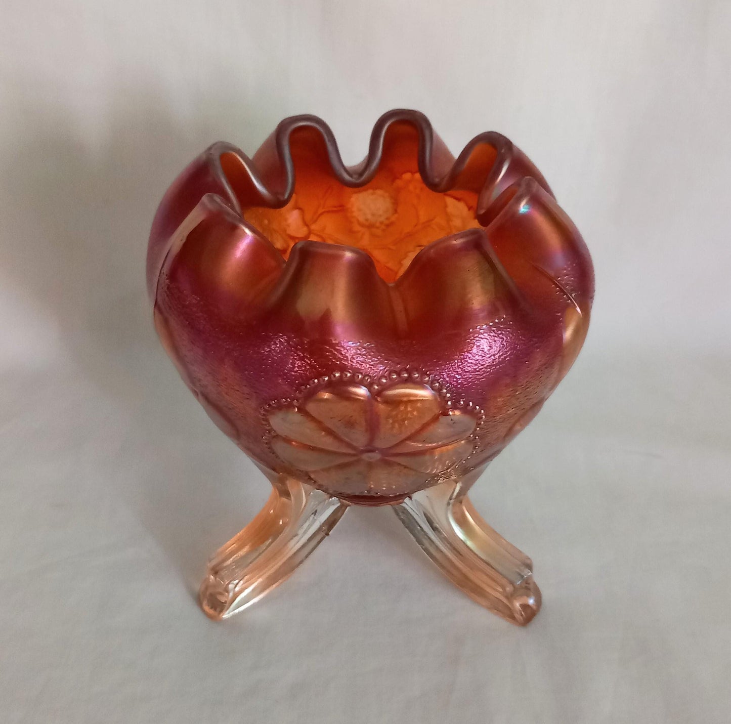 Northwood marigold carnival glass daisy & plume footed vase