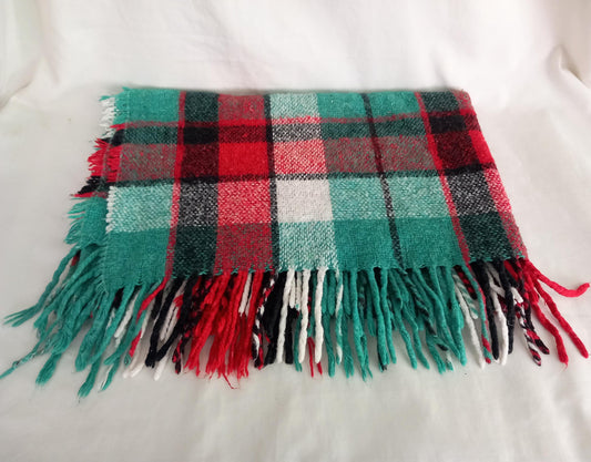 Vintage fringed baby blanket in red and green tartan pattern