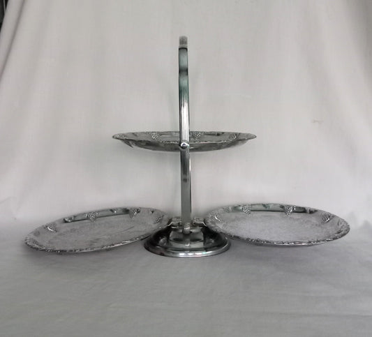 Vintage silver metal folding fruit stand with grape design