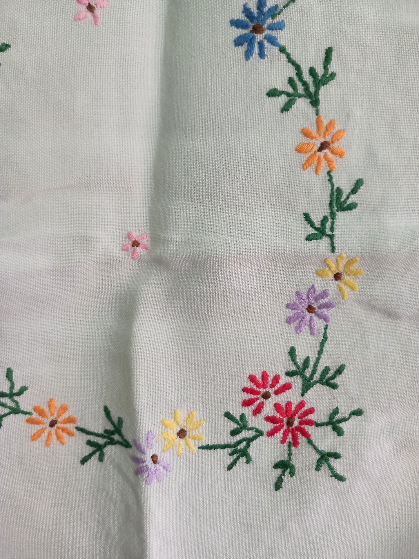 Mid century cotton tablecloth with hand embroidered flowers
