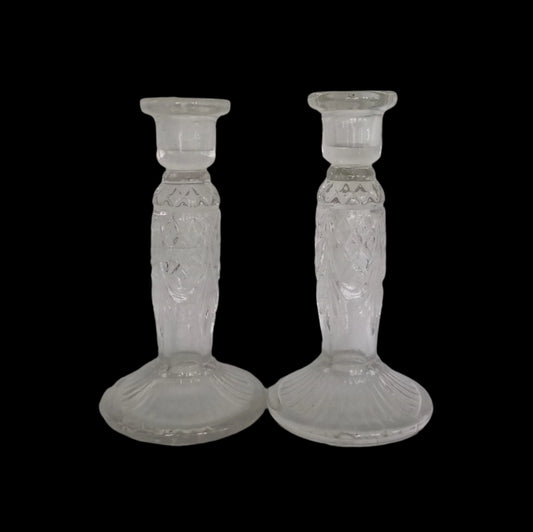 Pair of 1940s clear pressed glass candlesticks