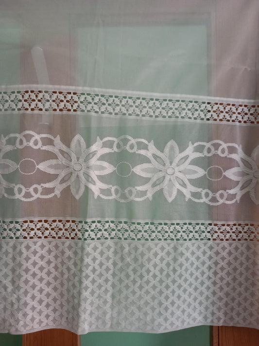 Vintage flower design white net curtain panel, 36" long