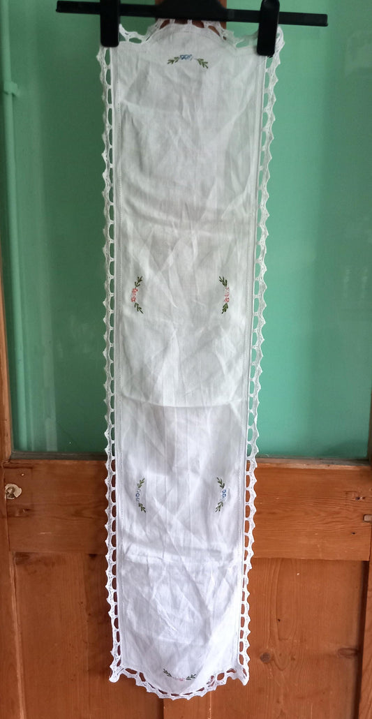 Antique hand made white cotton floral lace edged table runner