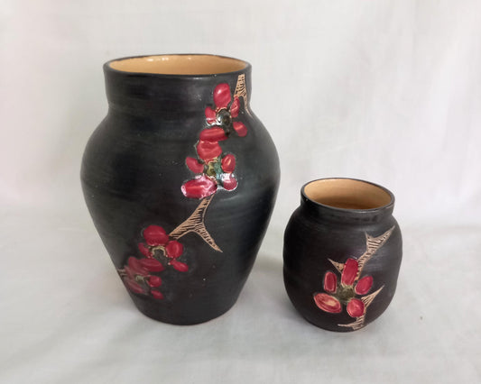 Pair of mid century Marazion Cornwall studio pottery vases with red flower design