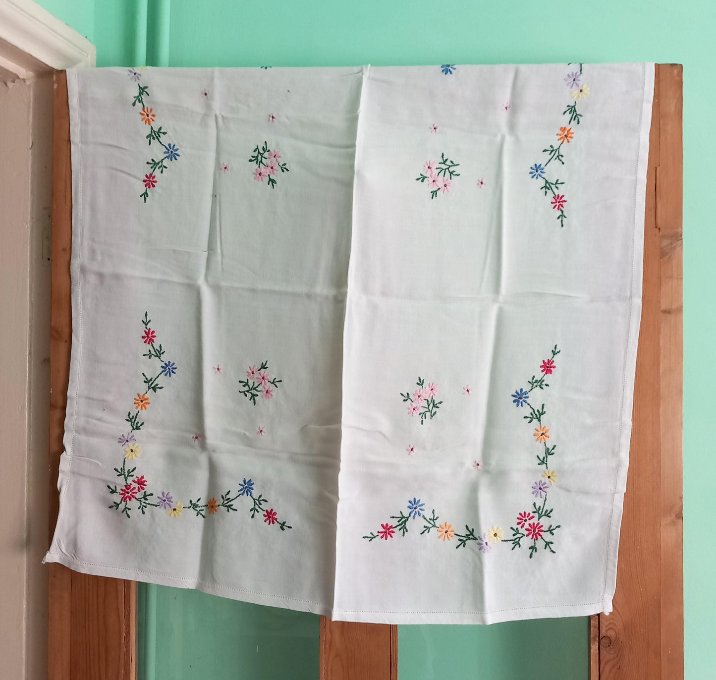 Mid century cotton tablecloth with hand embroidered flowers