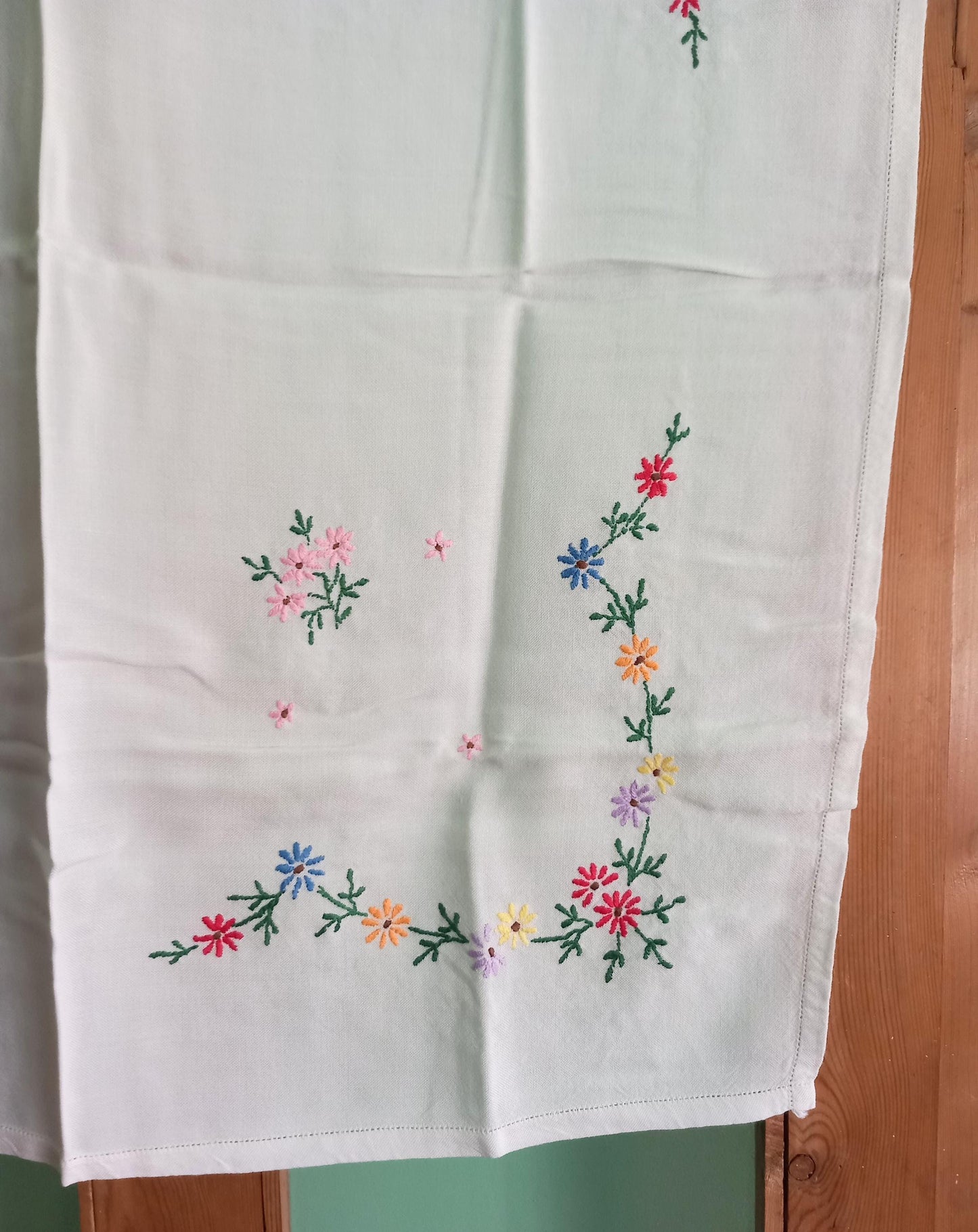 Mid century cotton tablecloth with hand embroidered flowers