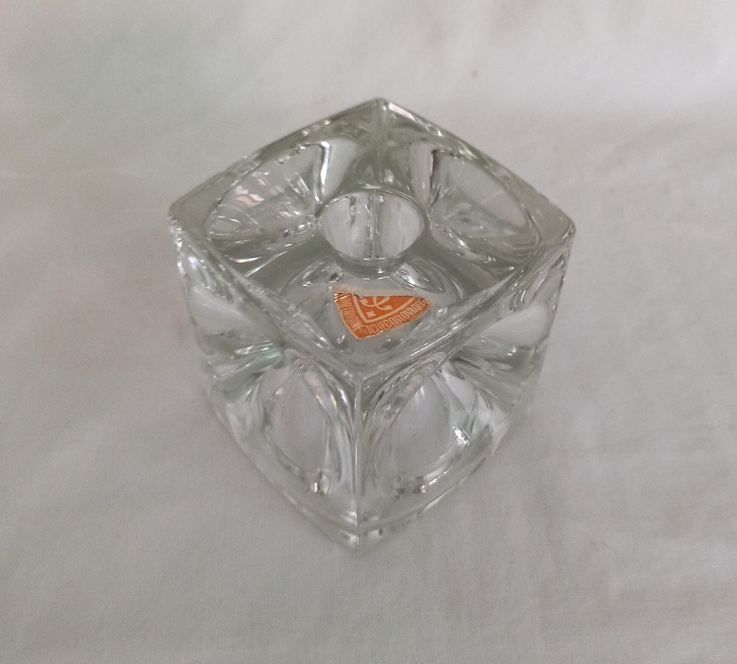 Mid century Sklo Union Rudolfova Hut clear glass cube candle holder by Rudolf Jurnikl
