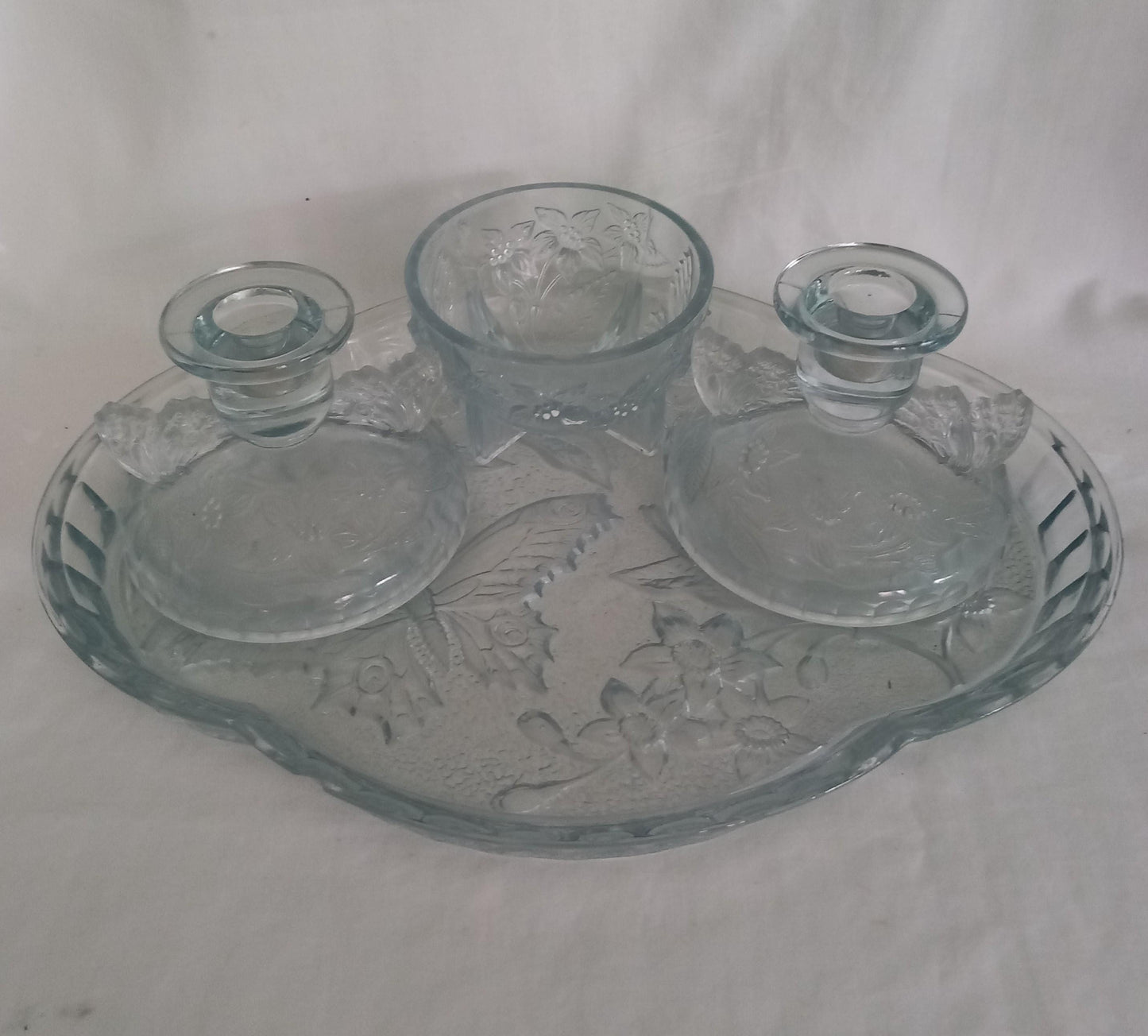 Art deco Sowerby blue butterfly design pressed glass partial dressing table set