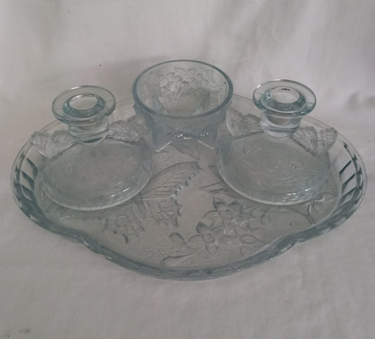 Art deco Sowerby blue butterfly design pressed glass partial dressing table set