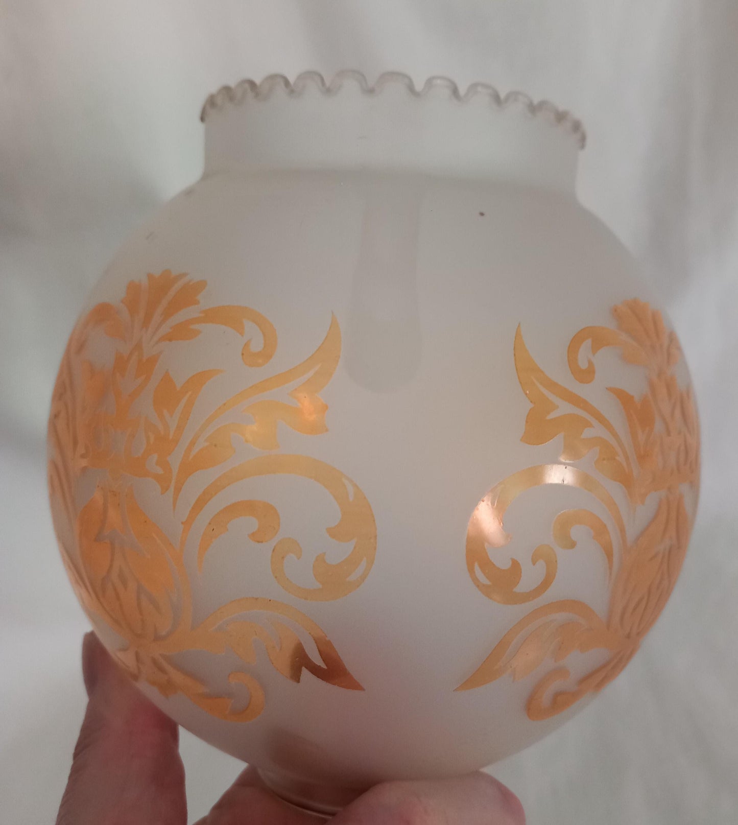 Vintage frosted glass and gold damask leaf design lamp shade for oil lamp