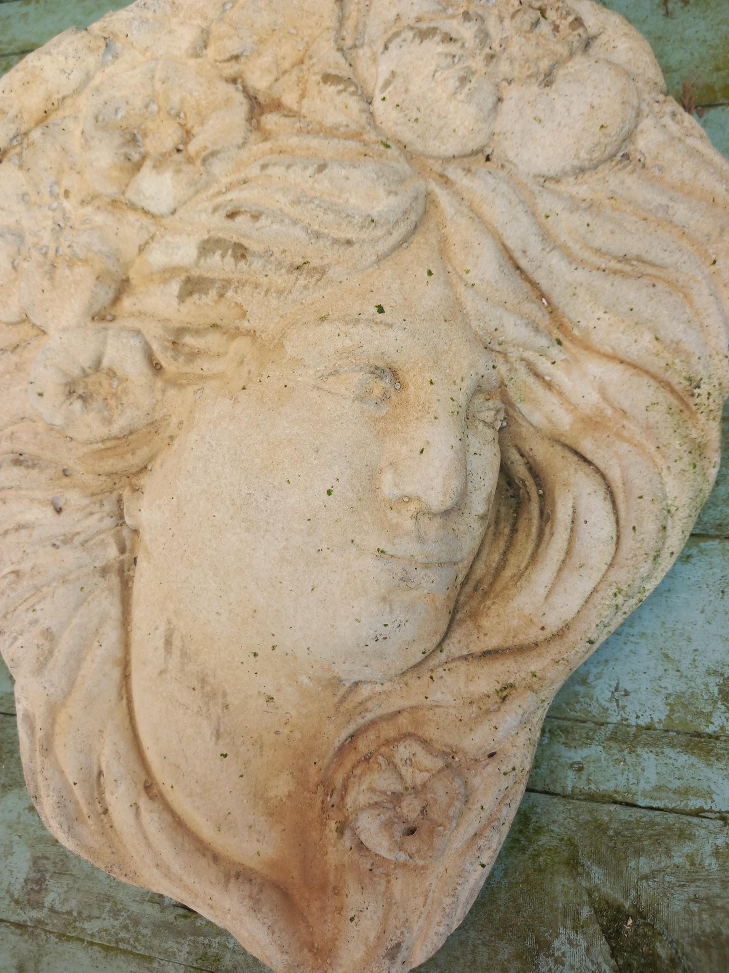 late 20th century concrete garden wall pocket in Art Nouveau lady's head design