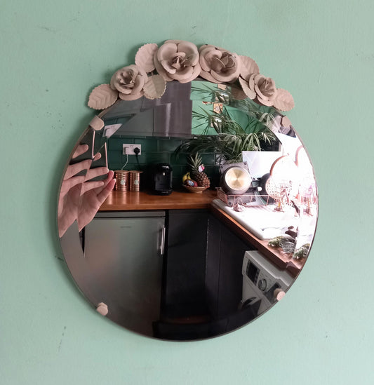 Late 20th century round frameless white metal rose detail wall mirror