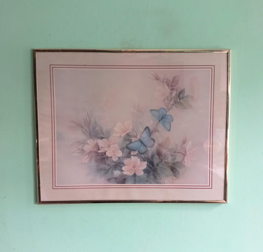 Framed 1980s butterfly and flower print in gold metal frame