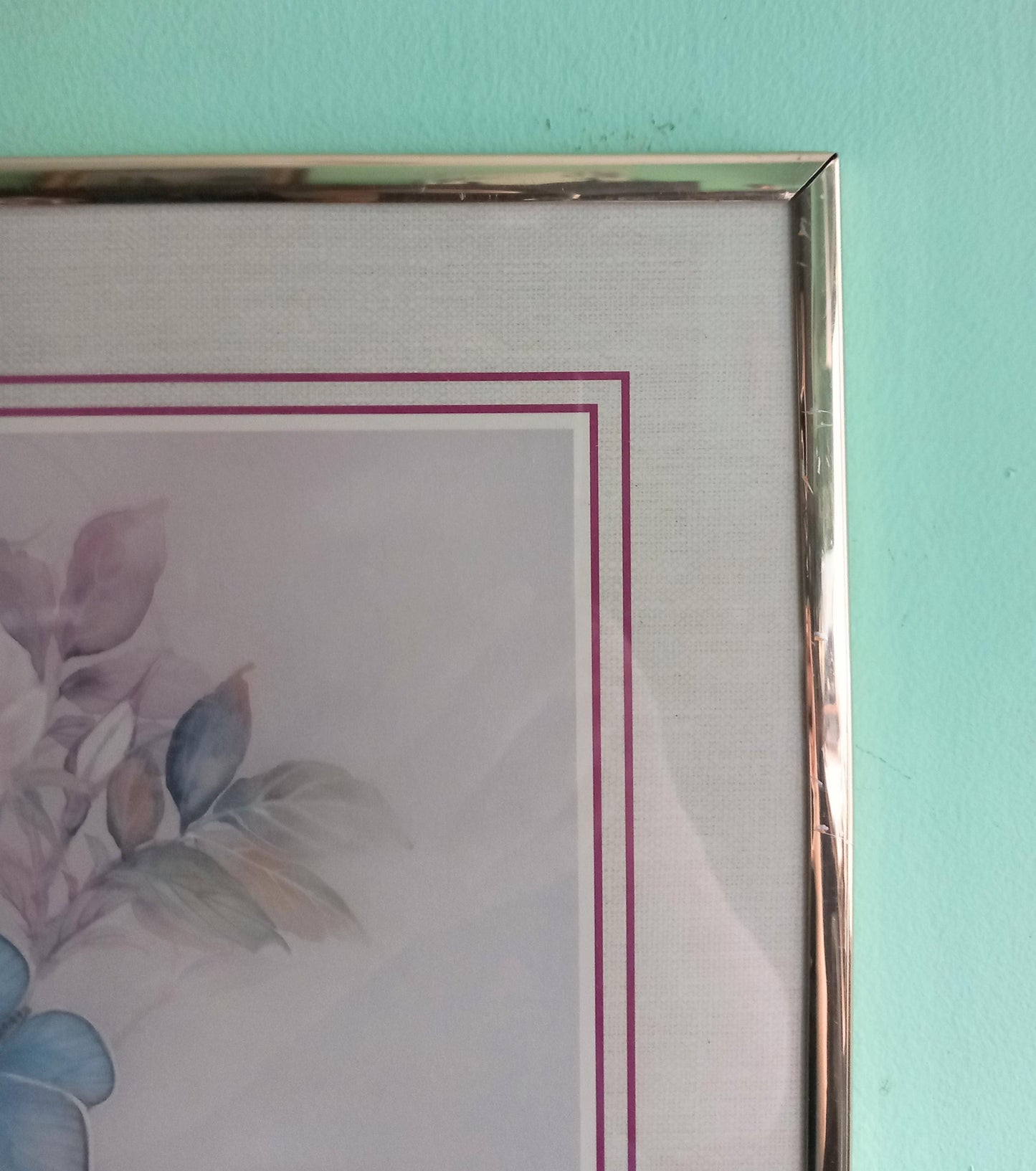 Framed 1980s butterfly and flower print in gold metal frame