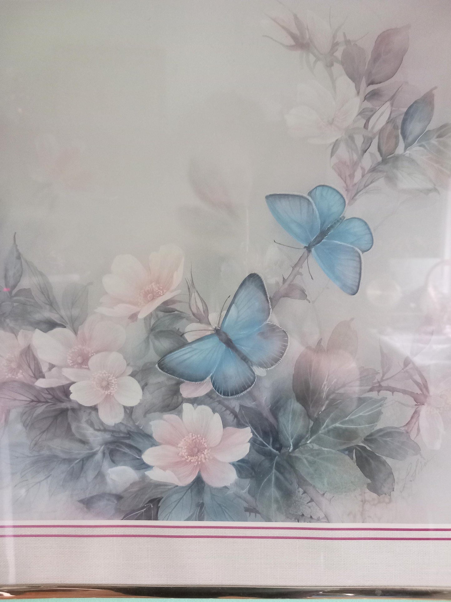 Framed 1980s butterfly and flower print in gold metal frame