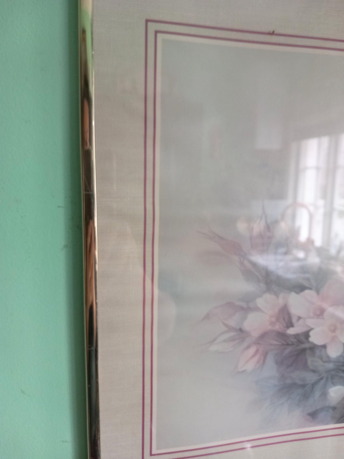 Framed 1980s butterfly and flower print in gold metal frame