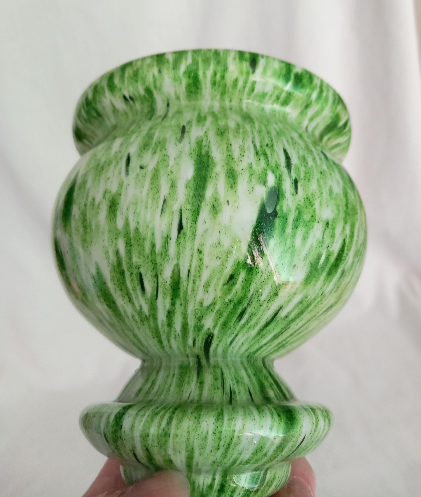 Art Deco Czech Franz Weltz green and white spatter glass vase