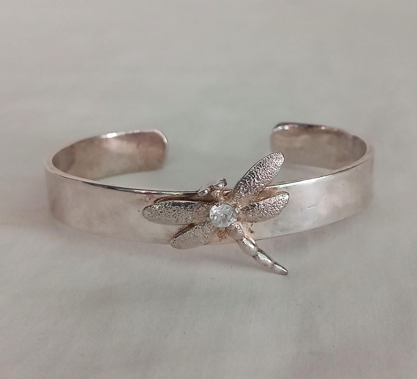 Sterling silver 925 dragonfly insect cuff bracelet with clear stone S/M