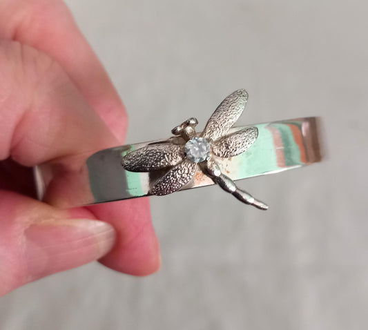 Sterling silver 925 dragonfly insect cuff bracelet with clear stone S/M