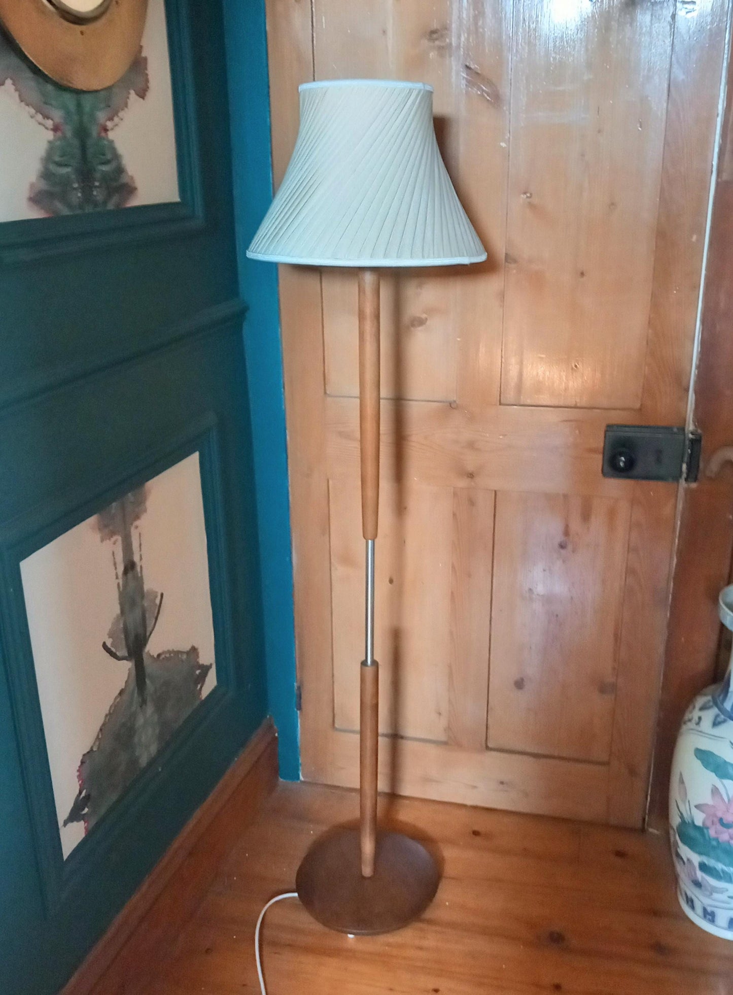 Mid century 1970s teak wood & chrome standard lamp PAT Tested