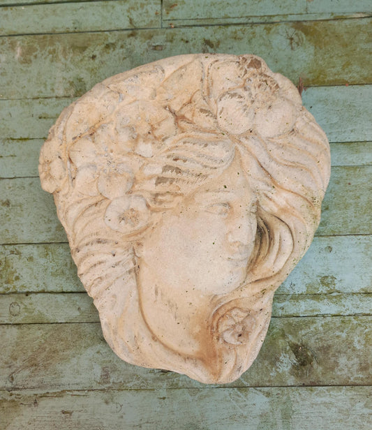late 20th century concrete garden wall pocket in Art Nouveau lady's head design