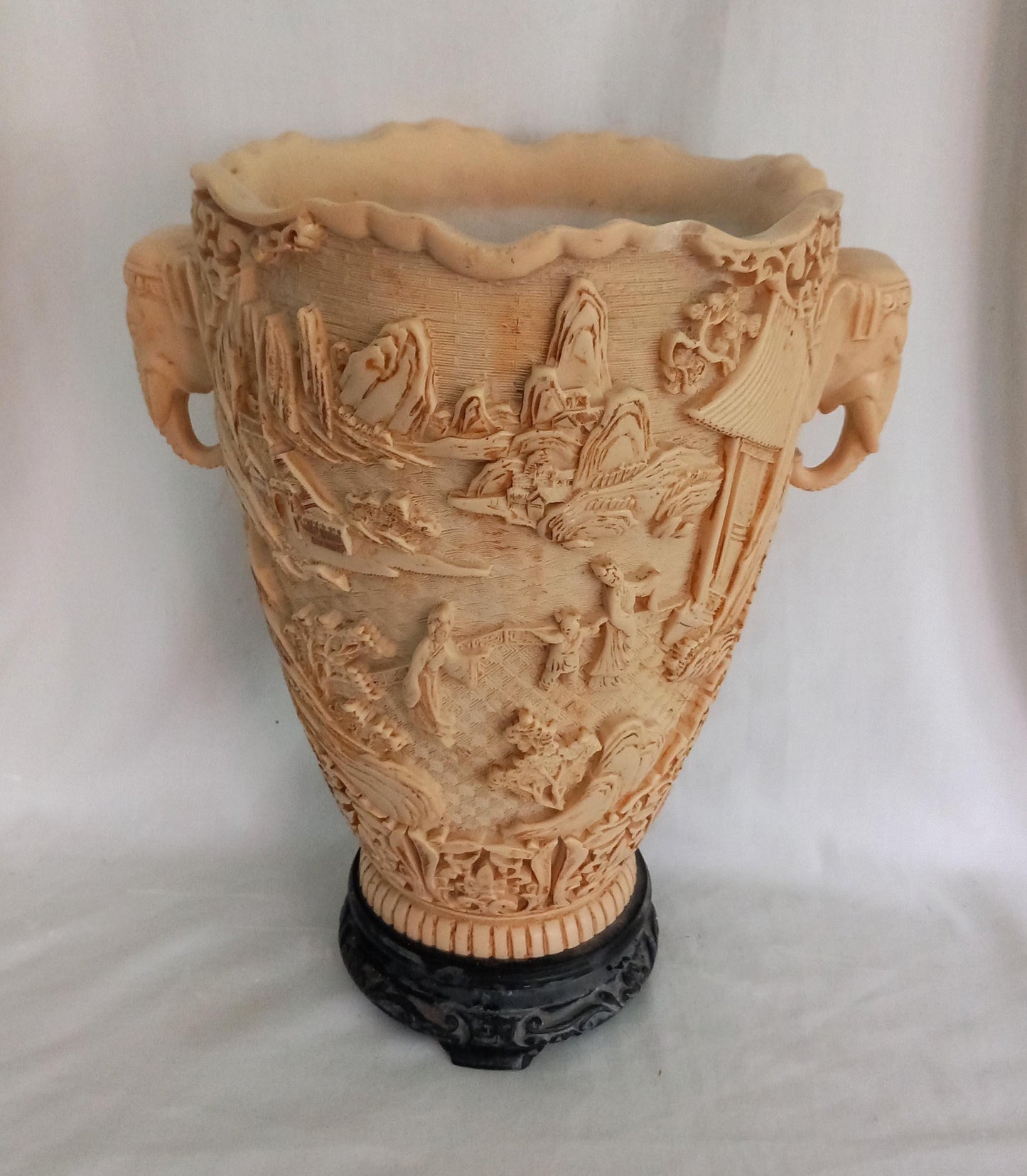 Vintage large Chinese hand carved ivorine cream elephant handle vase