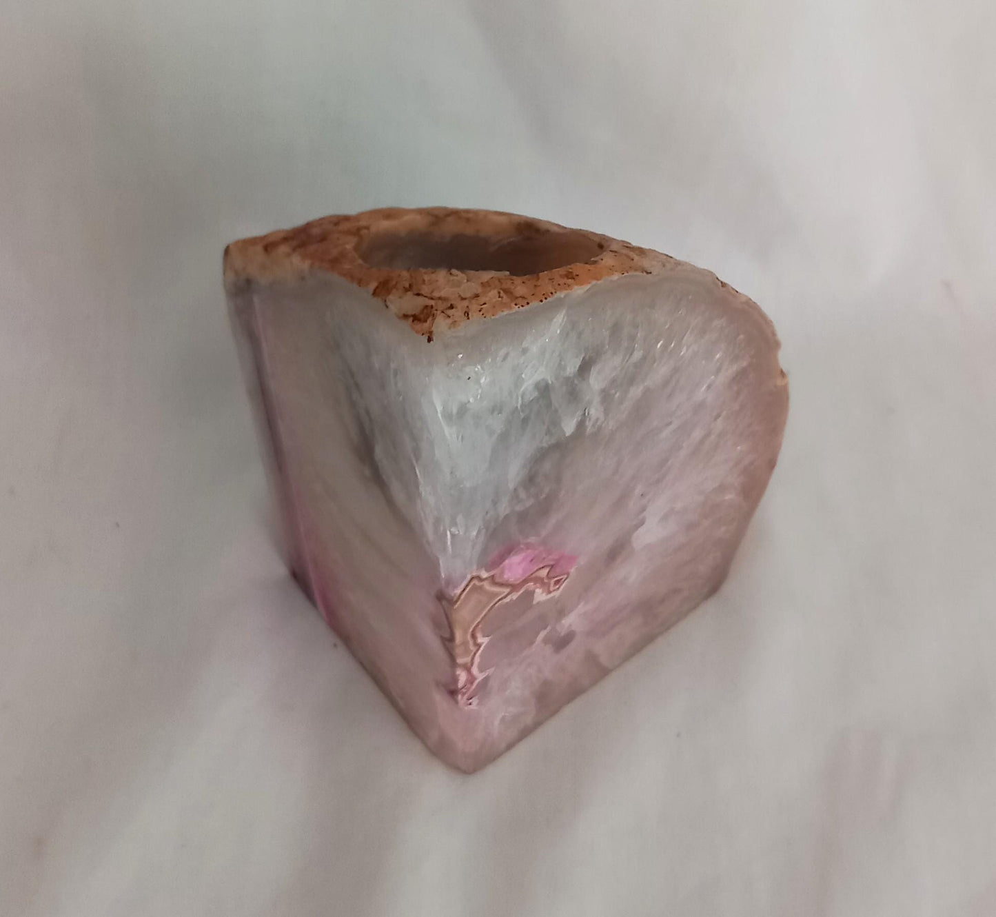 Pink and white quartz crystal stone bookend and tea light holder