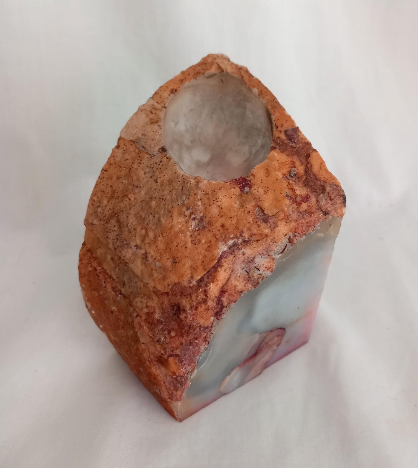 Pink and white quartz crystal stone bookend and tea light holder