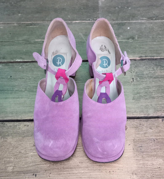 1990s Red Or Dead pink and purple real suede T bar block heel shoes, size 7