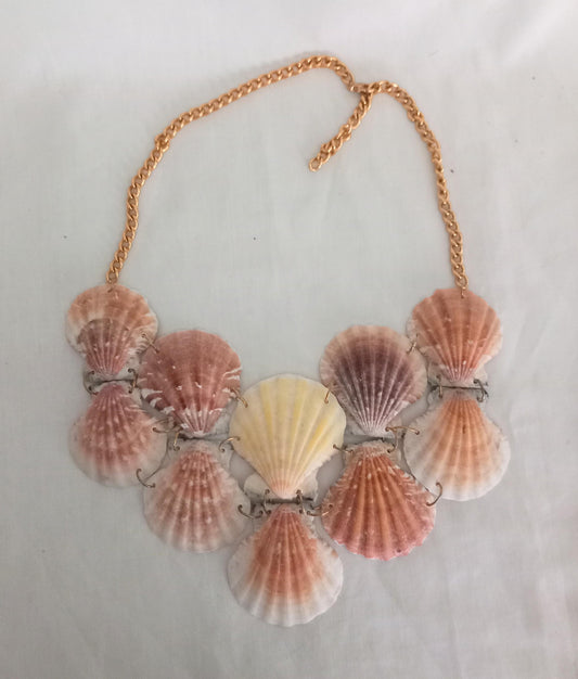 Hand made orange scallop shell statement bib necklace