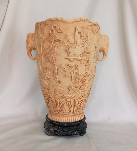 Vintage large Chinese hand carved ivorine cream elephant handle vase