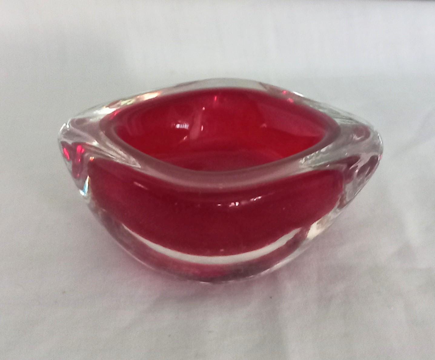 Mid Century Murano glass red & clear cased geode bowl