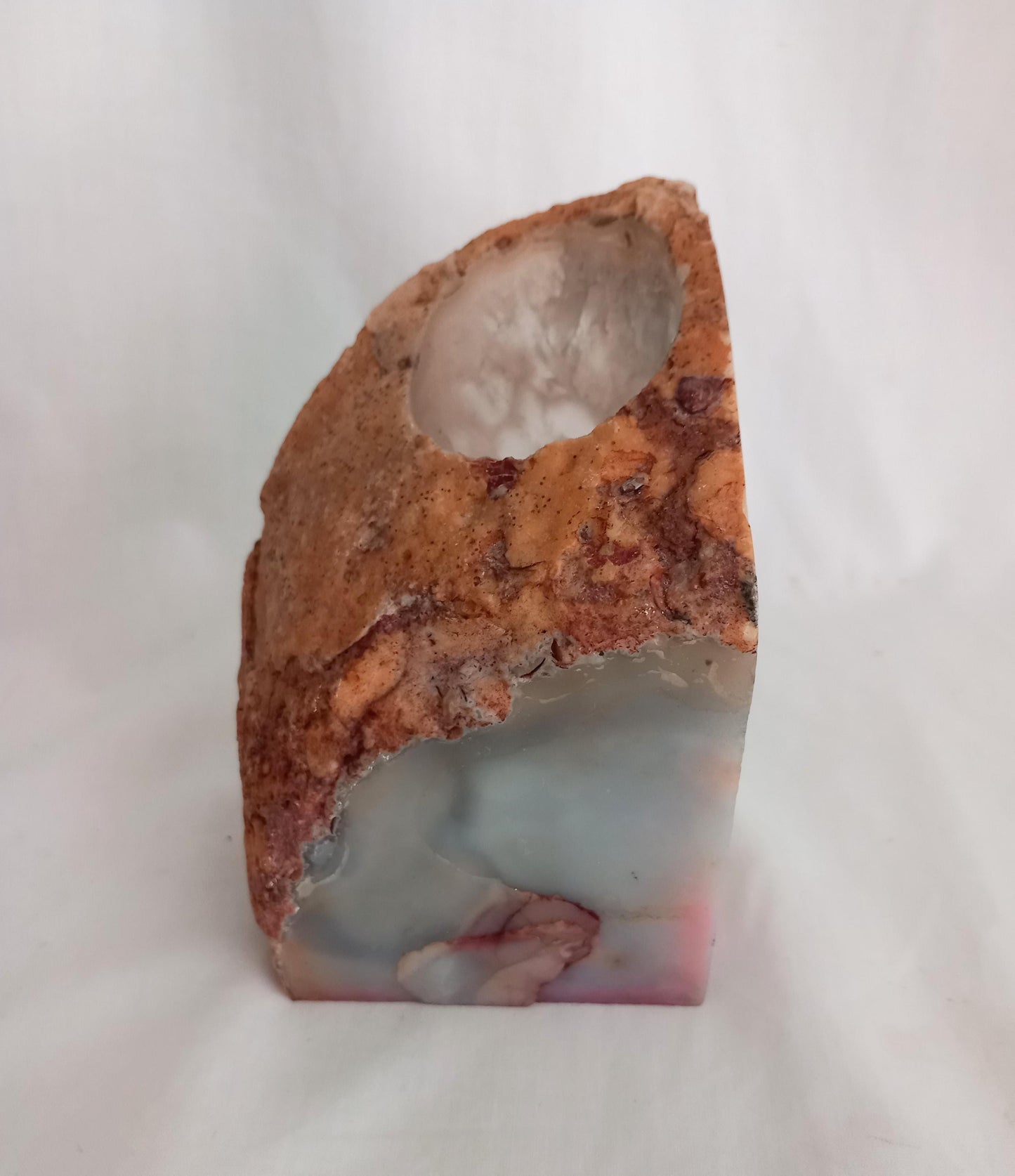 Pink and white quartz crystal stone bookend and tea light holder