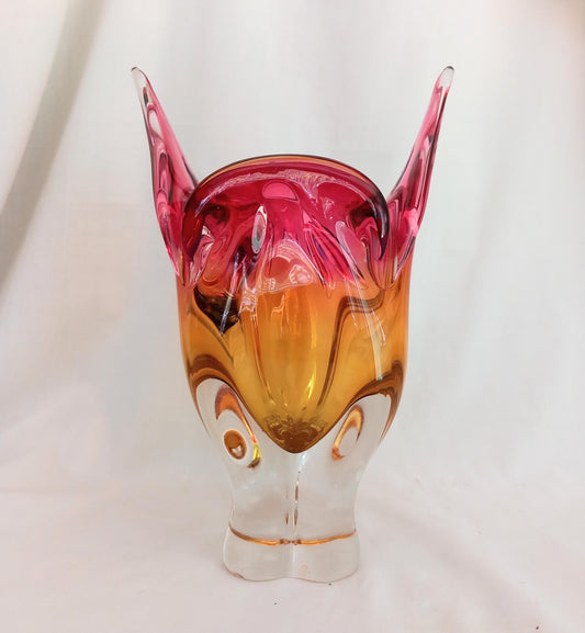 Vintage pink & yellow Sklo Union glass Chribska Cats Head vase by Josef Hospodka