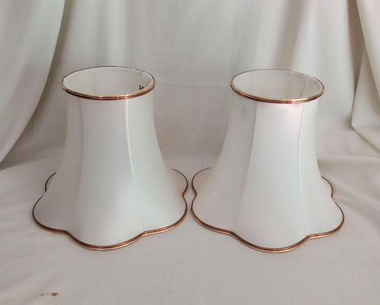 Pair 1980s white satin and gold trim fabric lampshades