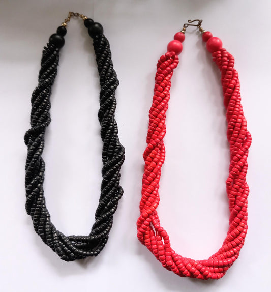 Pair of chunky wooden multi stranded twist bead necklaces in red & black
