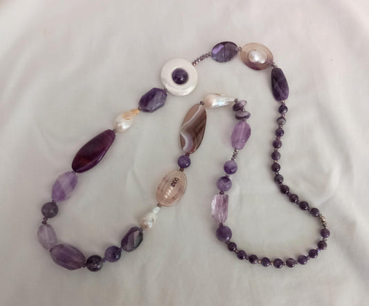 Purple amethyst, agate & pearl semi precious stone bead necklace