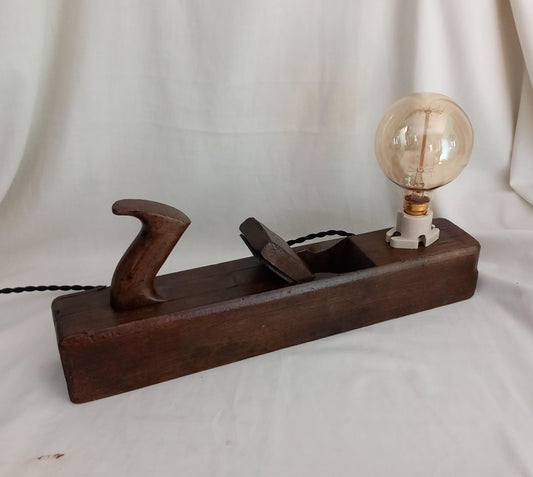 Hand made large vintage wooden plane accent lamp with filament bulb