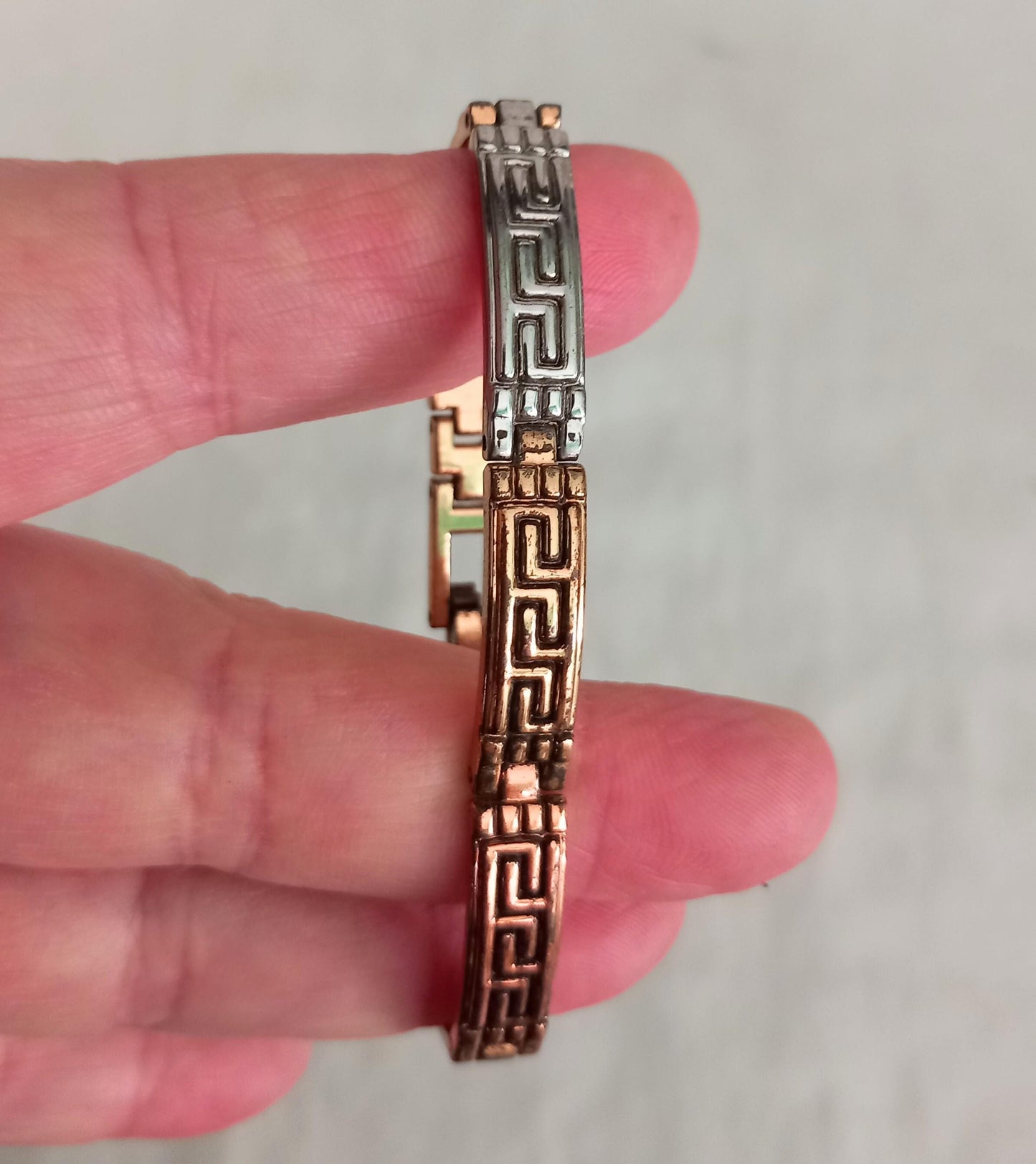 1980s gold plated tricolour Greek Key chain link bracelet unisex
