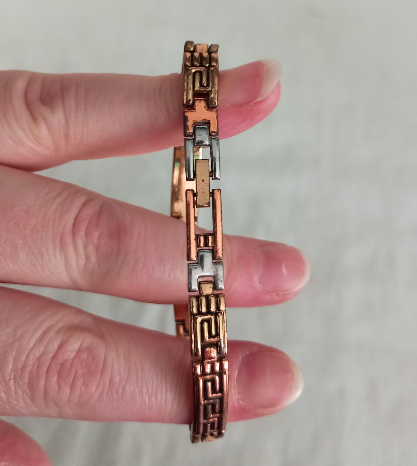 1980s gold plated tricolour Greek Key chain link bracelet unisex