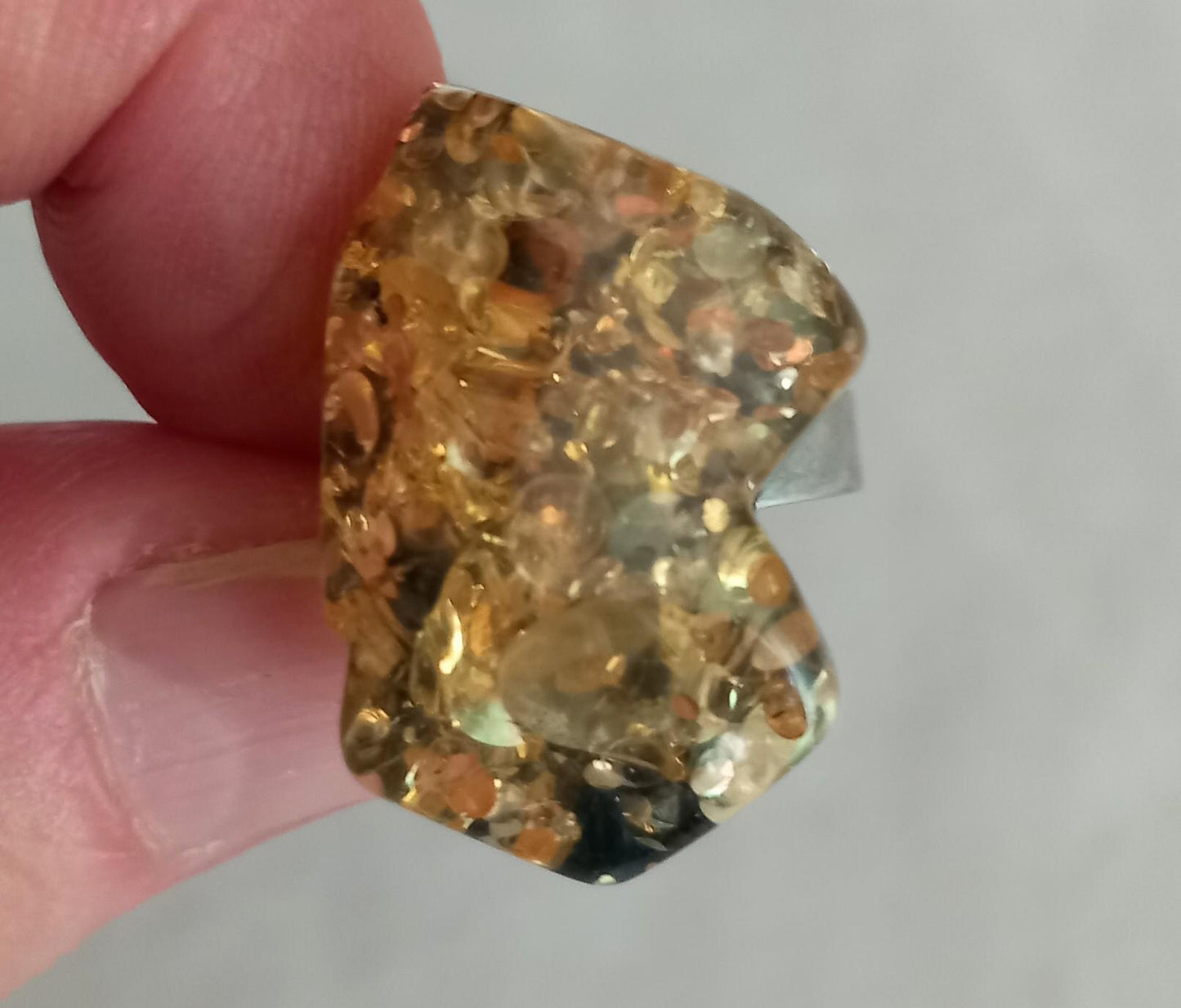 1970s yellow glitter Lucite chip ring, adjustable small to medium size