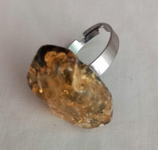 1970s yellow glitter Lucite chip ring, adjustable small to medium size
