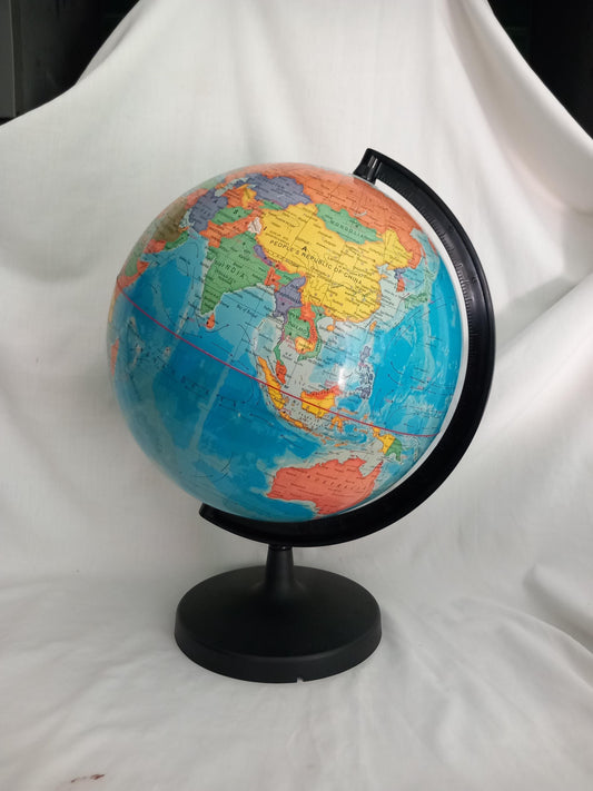 Large colourful world globe on black base 17.75"