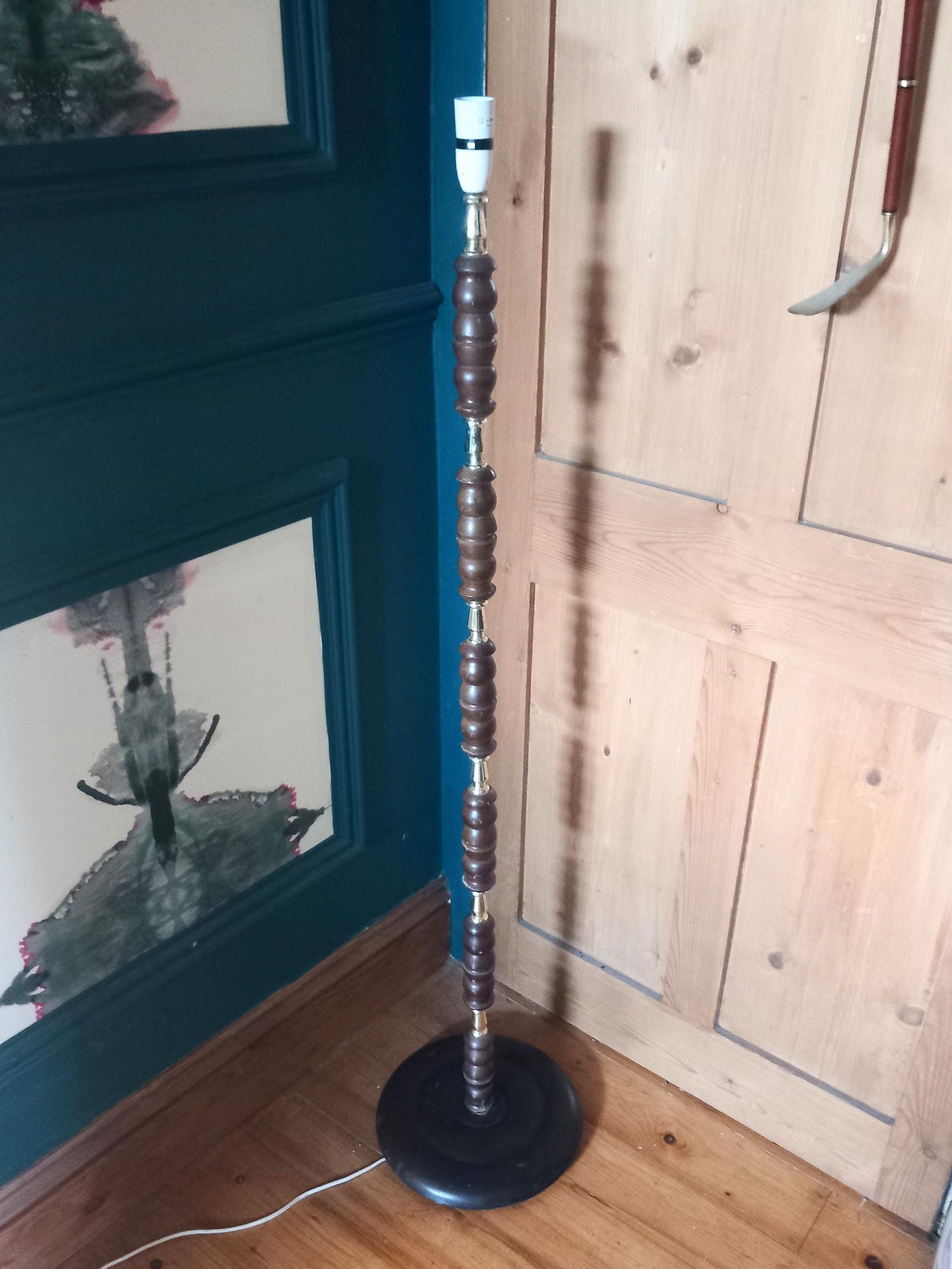 Mid century turned wood & goldtone standard lamp