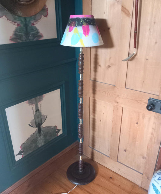 Mid century turned wood & goldtone standard lamp