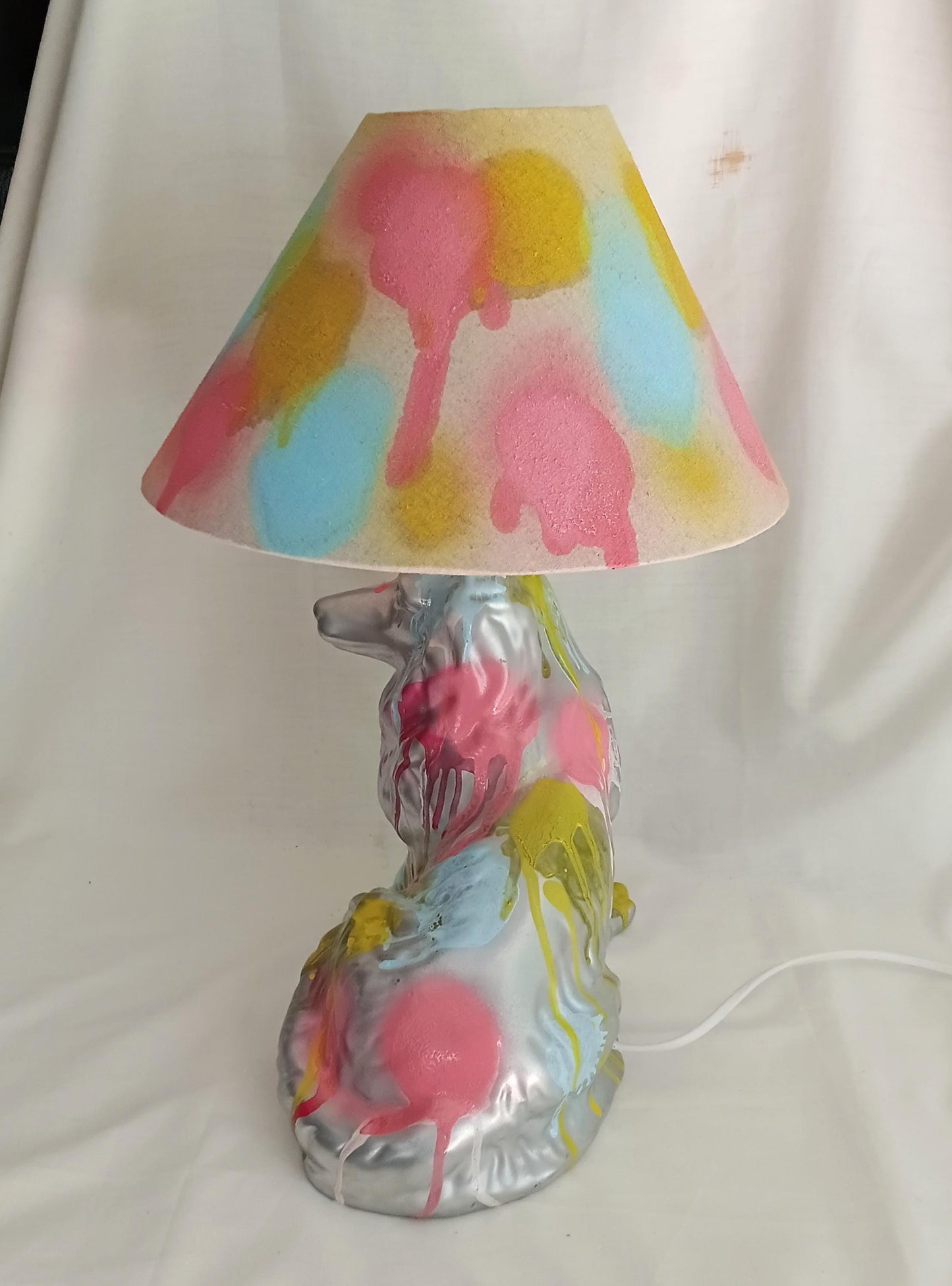 Hand made pastel & silver graffiti design dog accent lamp with shade