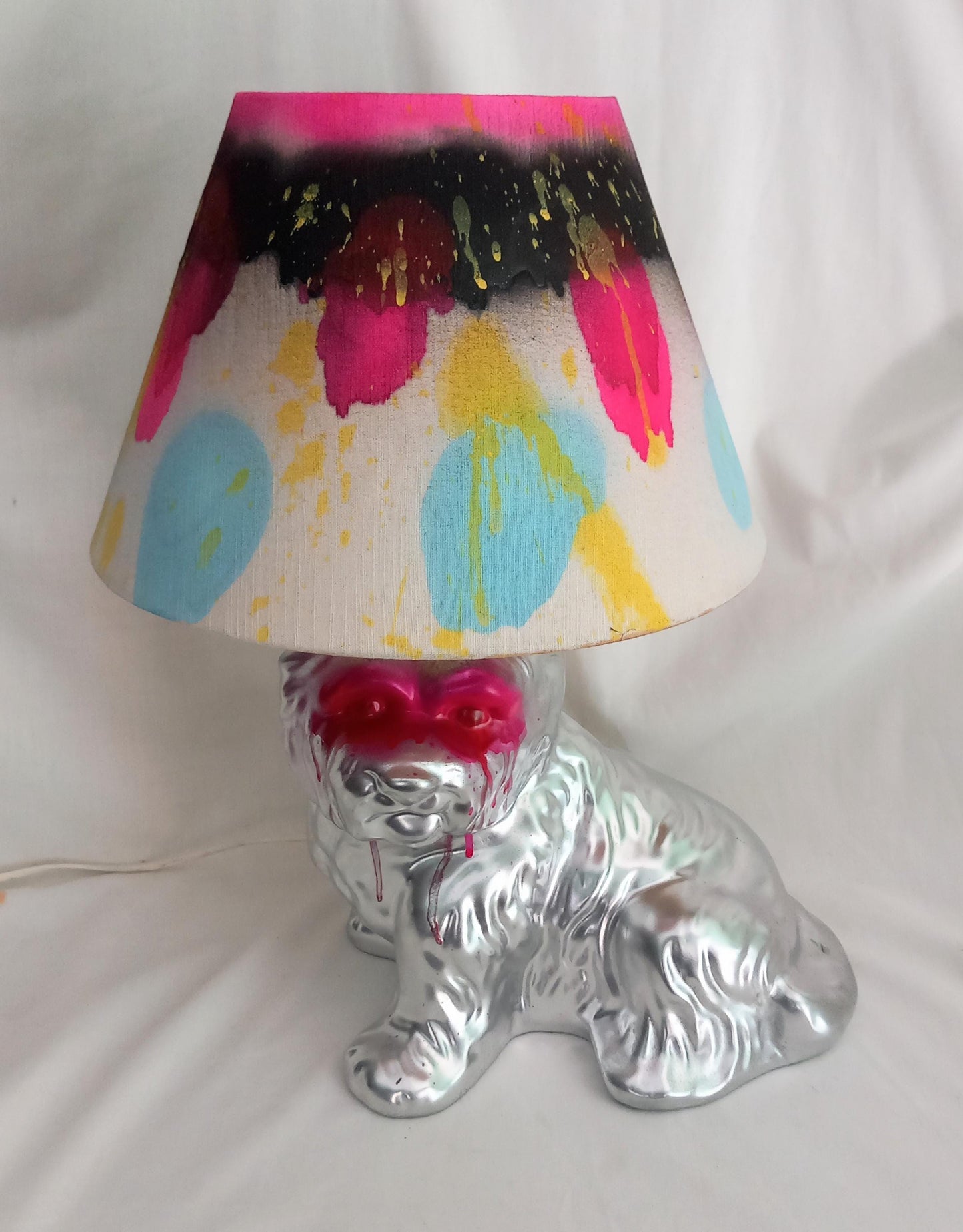 Hand made hot pink & silver graffiti dog accent lamp with shade