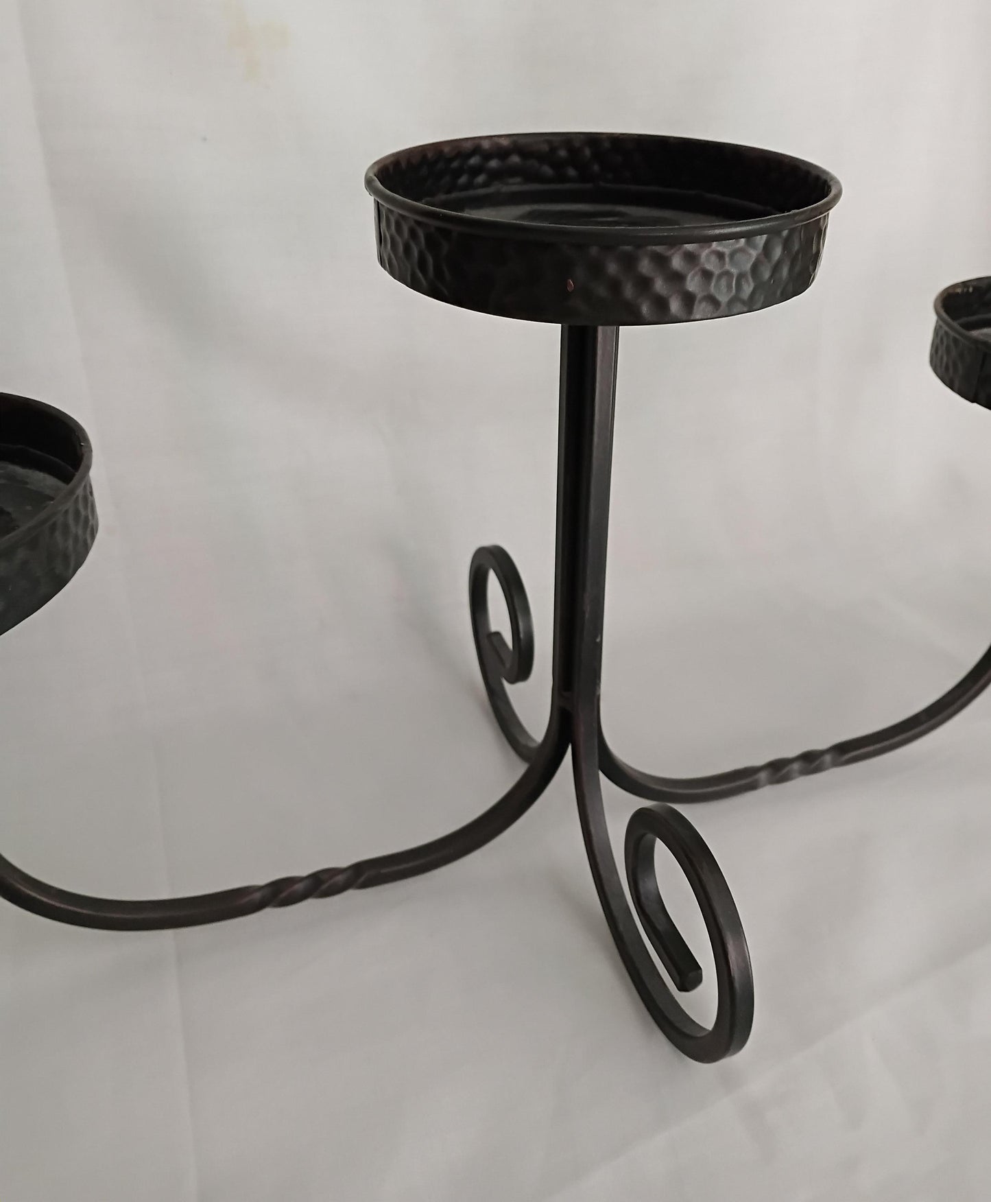 1990s Partylite black wrought iron curled 3 arm candelabra