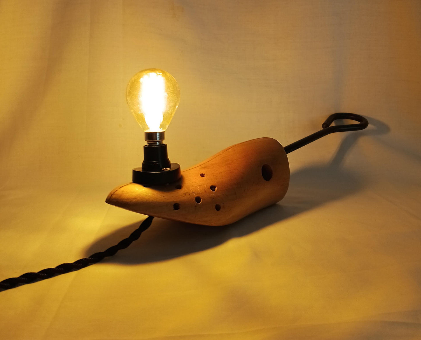 Hand made vintage wooden shoe stretcher hanging lamp with filament bulb