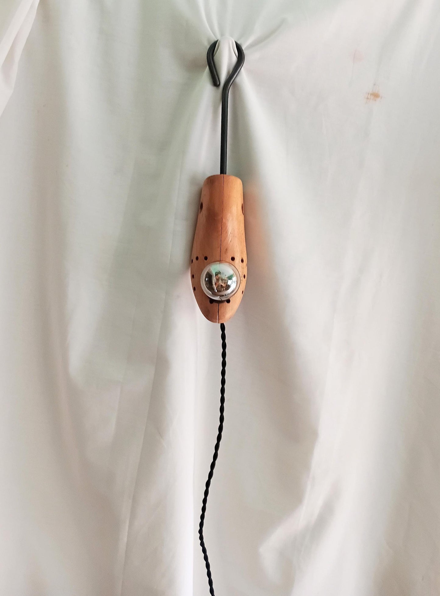 Hand made vintage wooden shoe stretcher hanging lamp with filament bulb
